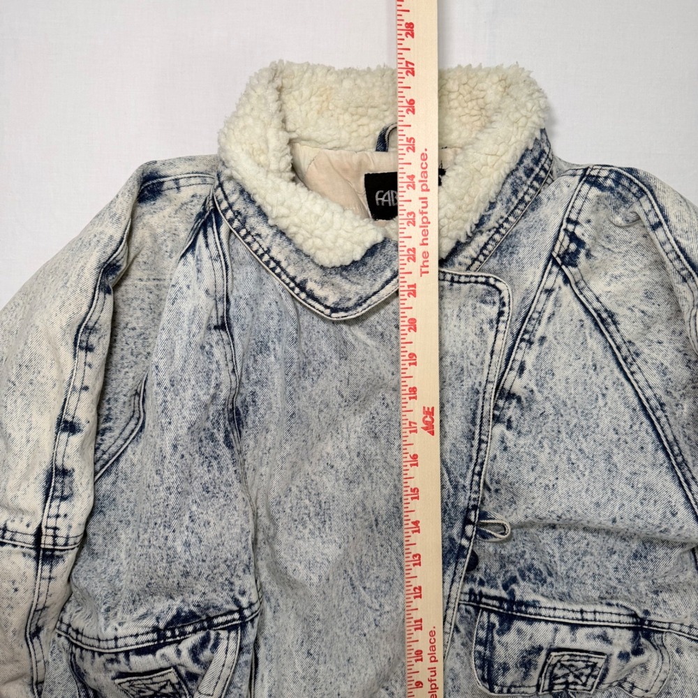 Vintage 80s Fabriano Acid Wash Denim Sherpa Bomber Jacket Womens L Cropped 90s - Picture 6 of 8